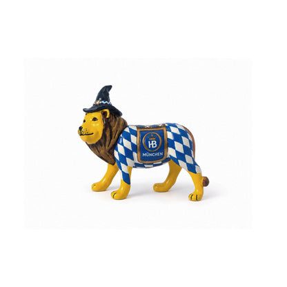 Detailansicht der Hofbräuhaus München Löwenfigur mit blau-weißem Rautenmuster
