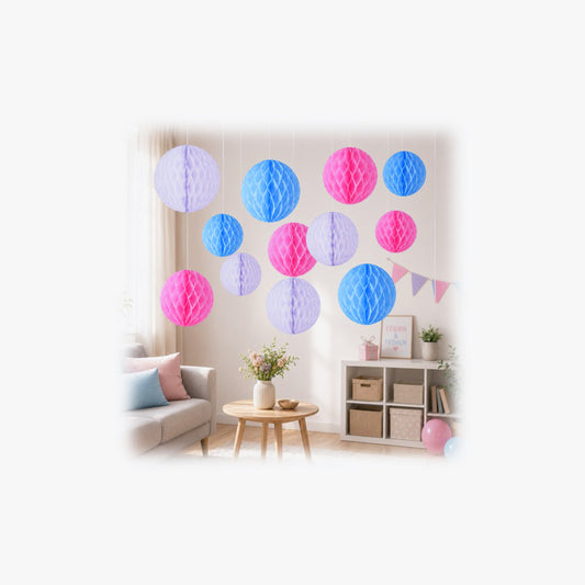 12er Set Honeycomb Balls aus Papier in verschiedenen Farben als elegante Party- und Raumdekoration.