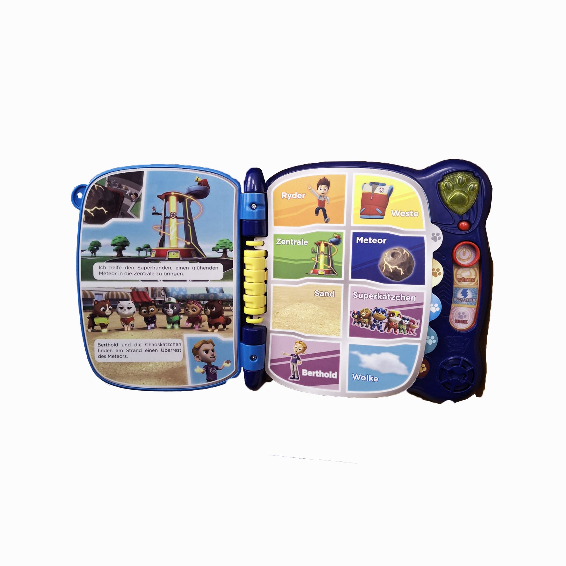Detailaufnahme der Tasten und Figuren im VTech Mighty Pups Lernbuch